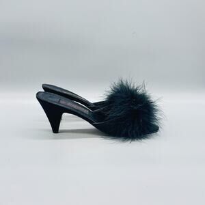 Frederick's Of Hollywood Shoes Womens 8 Black Satin Feather Mule Kitten Heel Vtg